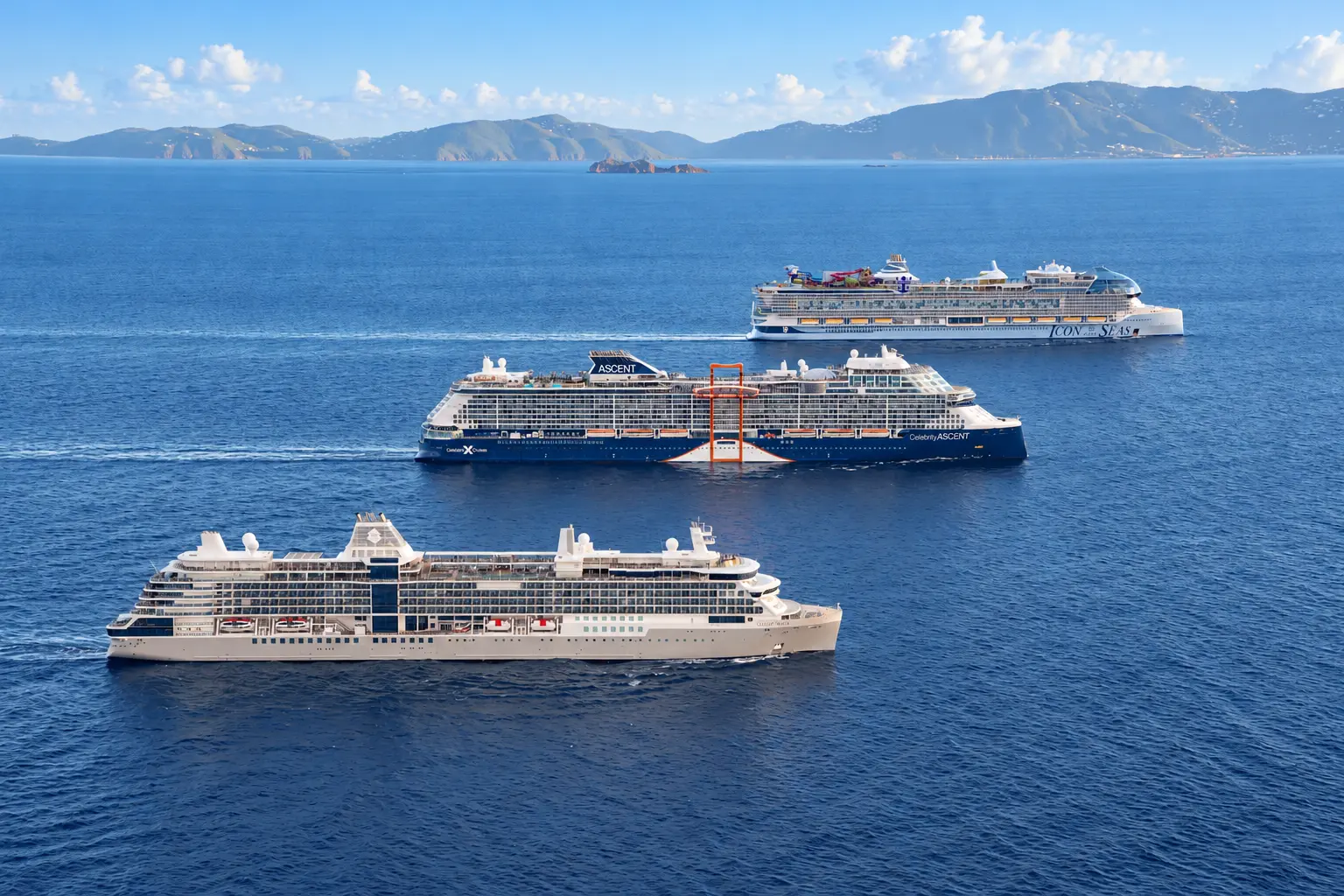 Cruise ships sailing near an island coastline