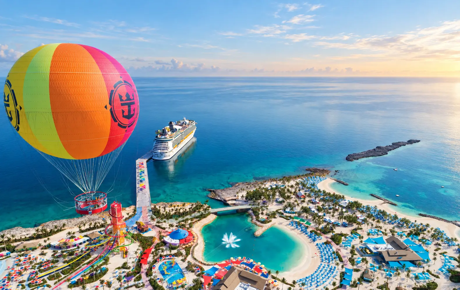 Cruise destination with turquoise water and an island port