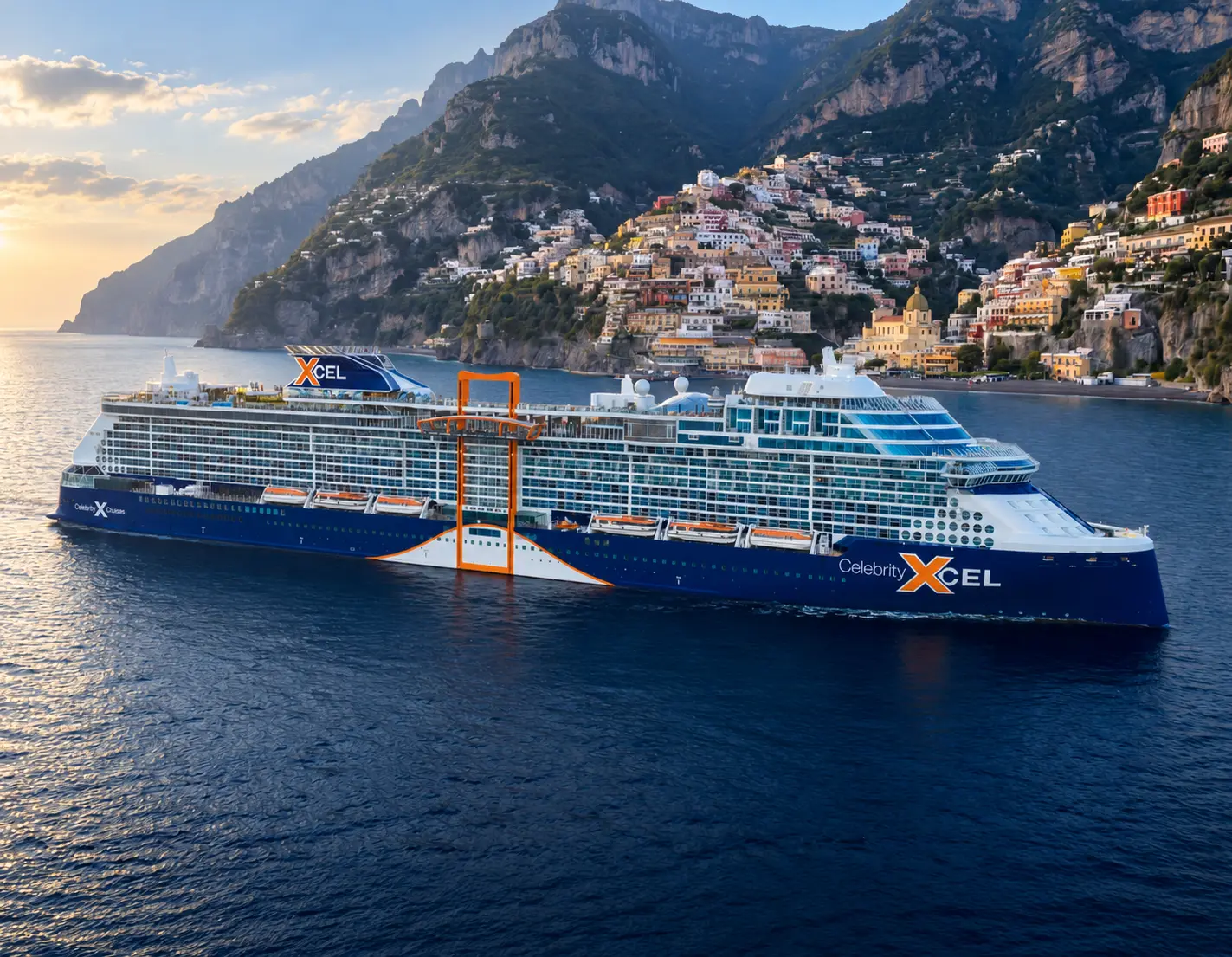 Cruise ship beside a Mediterranean coastal town